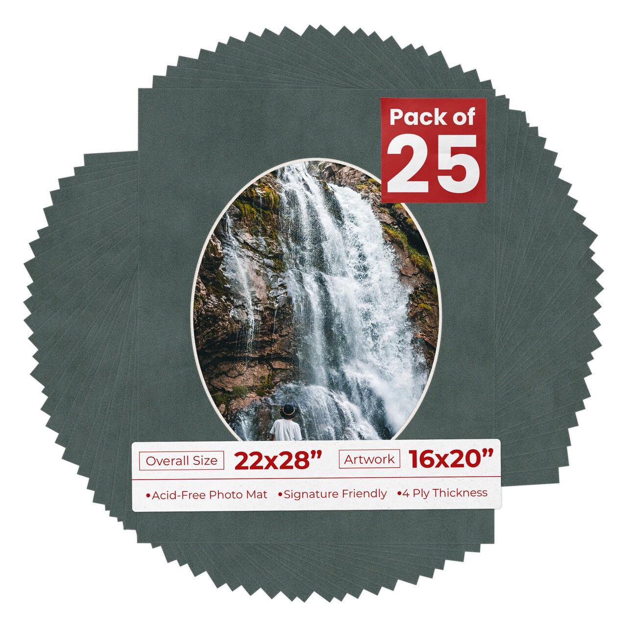 Dark Grey Suede Mat Board for 22x28 Frames - Oval Opening for 16x20 Photos